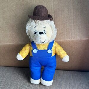 Vintage Plush Berenstein Bear Toy with Overalls and Cowboy Hat Stuffed Animal 9"